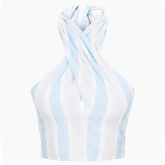 NEW! STUAD Blue & White Striped Halter Crop Beach Y2K Smocked Backless Size M - Picture 4 of 4